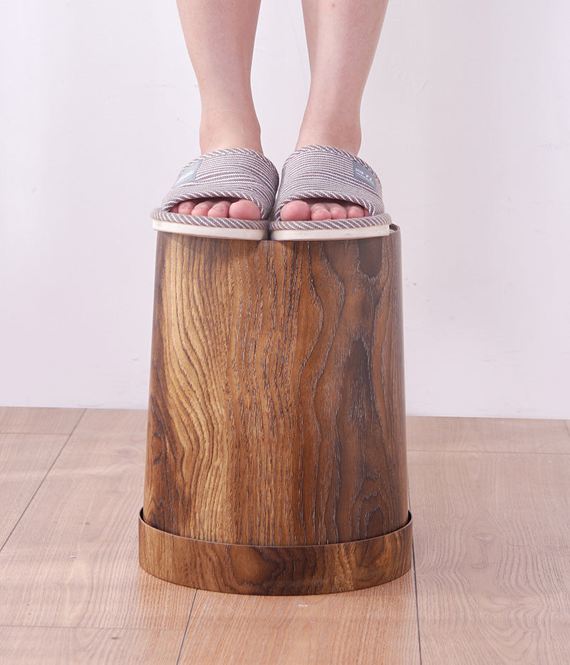 Household Fashion Retro Round Wood Grain Trash Can