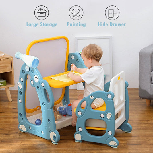 Kids Easel Play Station With desk,Storage basket,Drawing Board And Chair