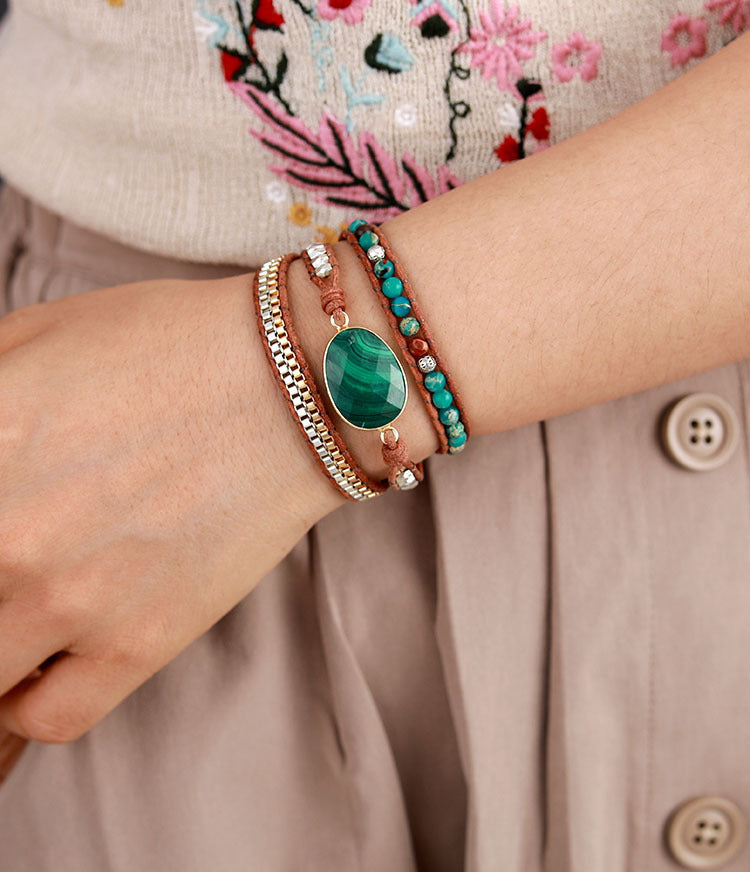 Natural Malachite 3 Circles Winding Leather Chain Bracelet Fashion Jewelry
