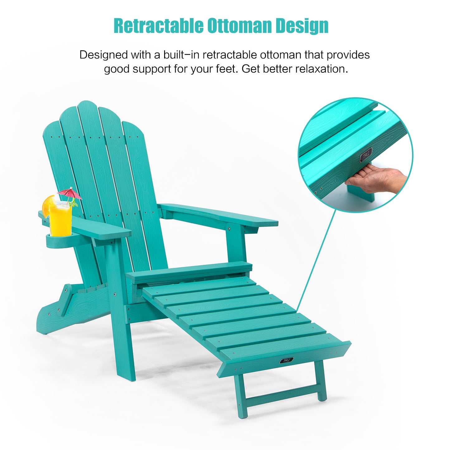 TALE Folding Adirondack Chair With Pullout Ottoman With Cup Holder, Oaversized, Poly Lumber,  For Patio Deck Garden, Backyard Furniture, Easy To Install,.Banned From Selling On Amazon