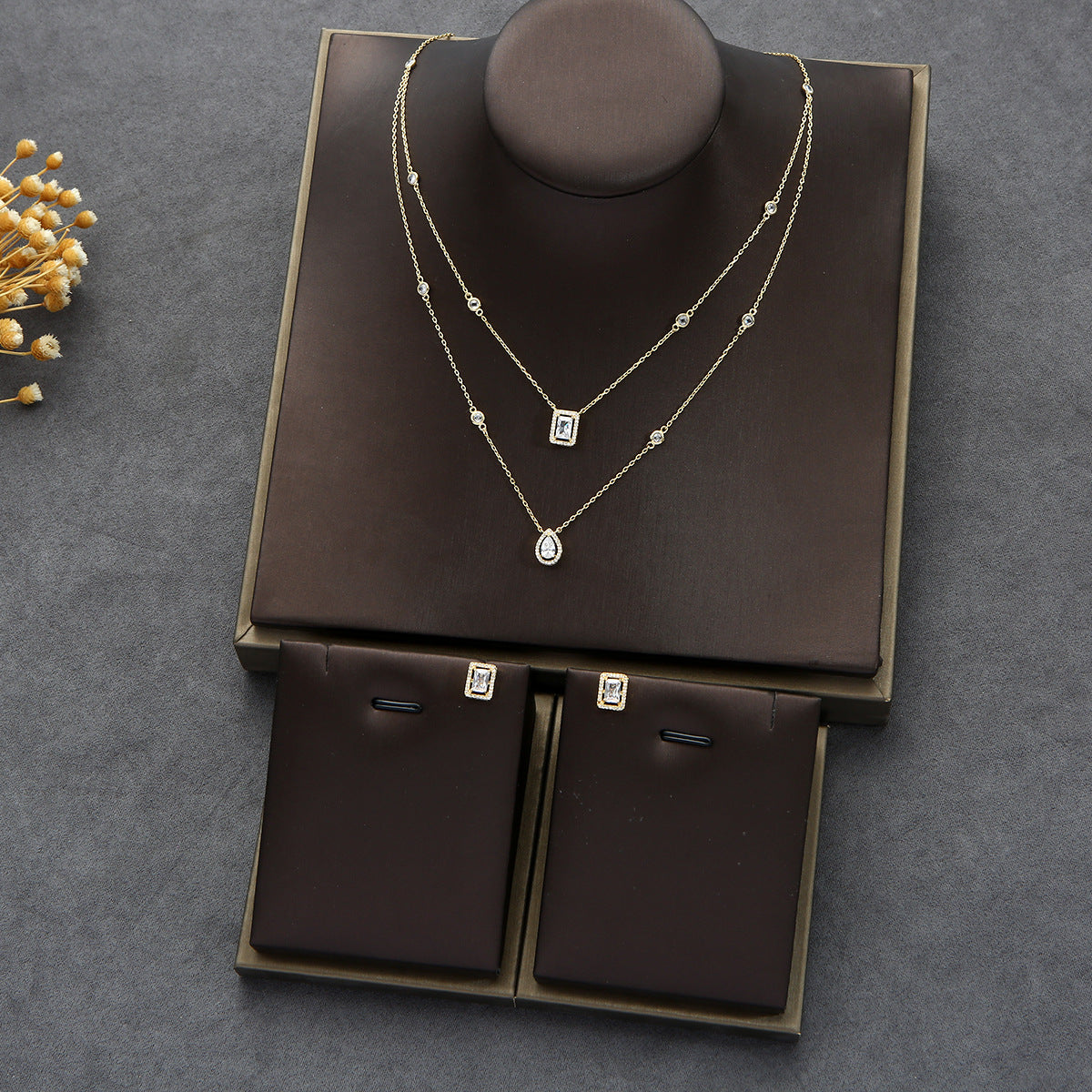 Zircon Double Drop Earrings Necklace Bridal Set